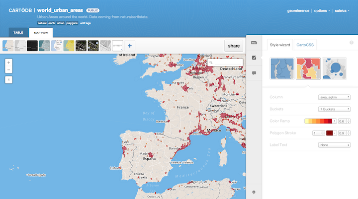 A screenshot of the CartoDB Editor web interface