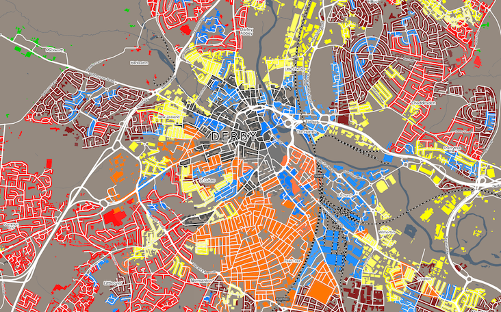 A choropleth map of the city of Derby, United Kingdom, representing an aspect of the population
